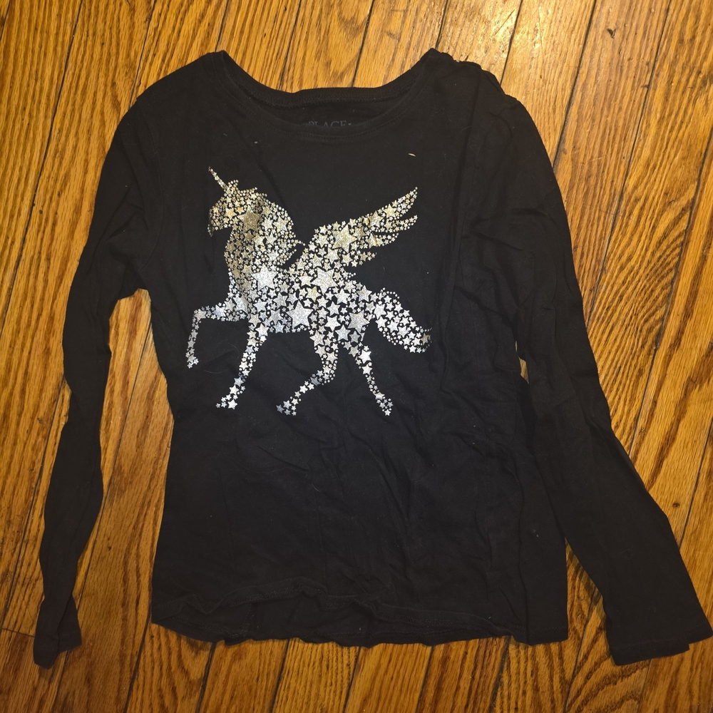 The Children's Place Black Long-Sleeve Unicorn Tee with Silver Star Design